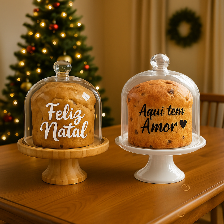 Porta Panetone de Vidro e bambu - 2 Unidades - Escolha sua Personalização